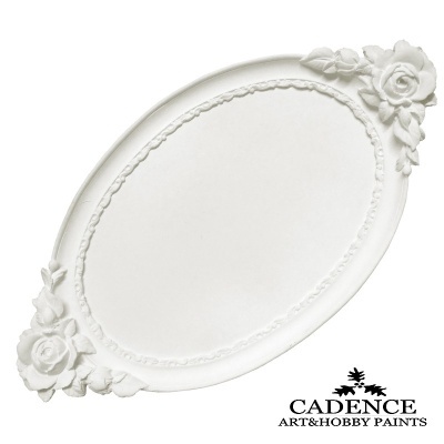 Placa oval branca decorativa com flores em relevo e logotipo CADENCE ART&HOBBY PAINTS.