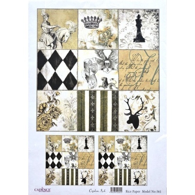 Papel de arroz Cadence para decoupage com padrões diversos em blocos, incluindo peças de xadrez, flores, texto manuscrito e desenhos de animais.