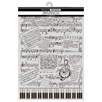 Stencil musical com notas e pautas em castanho sobre fundo cinzento