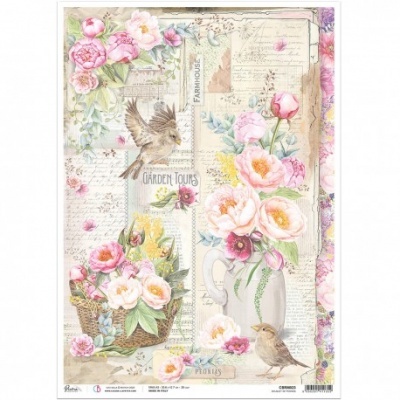 Papel decorativo vintage com flores, pássaros, jarro e texto