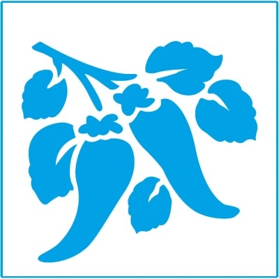 Desenho azul de pimentos e folhas sobre fundo branco