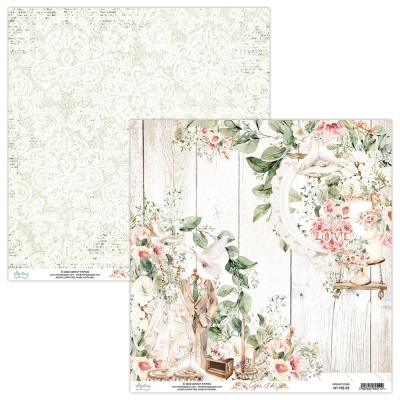 Papel decorativo dupla face com padrão floral verde e ilustração de casal de noivos com decoração floral e texto LOVE