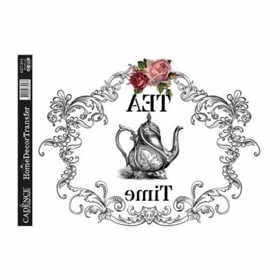 Decalque decorativo preto e branco com bule de chá, rosas e texto 'TEA Time' invertido