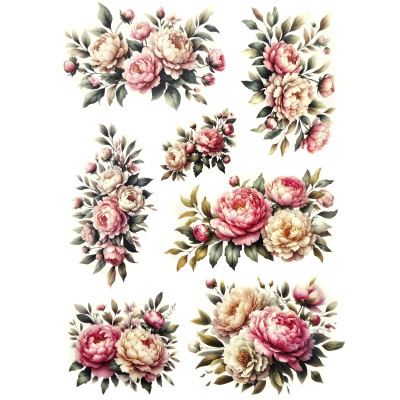 Buquês florais com peónias em tons de rosa e creme sobre fundo branco