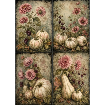 Quadros com ilustrações de abóboras brancas, flores cor-de-rosa e amoras em fundo vintage