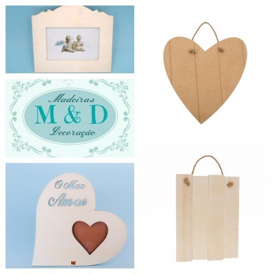 Placas decorativas de madeira em forma de coração com texto e moldura