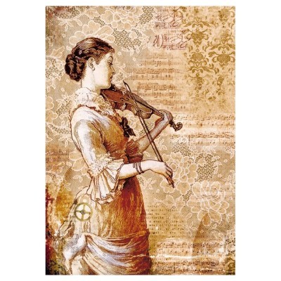 Ilustração vintage mulher tocando violino em vestido antigo com fundo floral e partituras