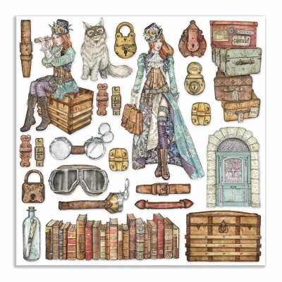 Ilustrações steampunk de pessoas, objetos e livros antigos