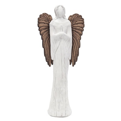 Estátua decorativa de anjo branco com asas castanhas