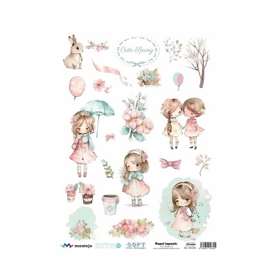 Folha decorativa com ilustrações de meninas, animais e flores em tons pastel, texto Cute Spring