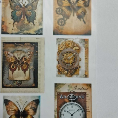 Imagens decorativas vintage com borboletas e relógio de bolso