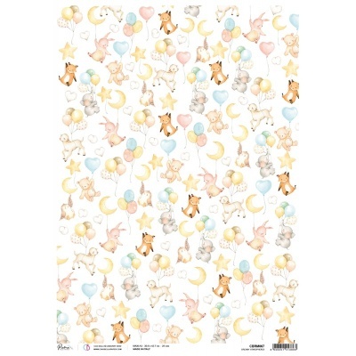 Papel decorativo infantil com padrão de desenhos coloridos e animais em tons pastel