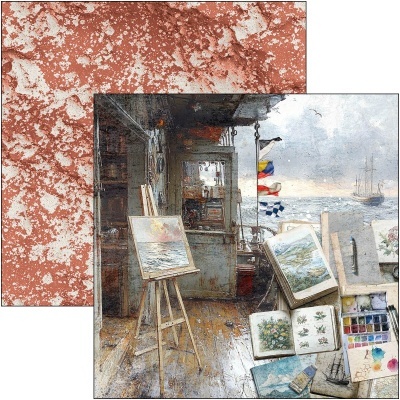 Folhas de papel decorativas com padrão vermelho e branco e ilustração de barco com material de pintura e vista para o mar