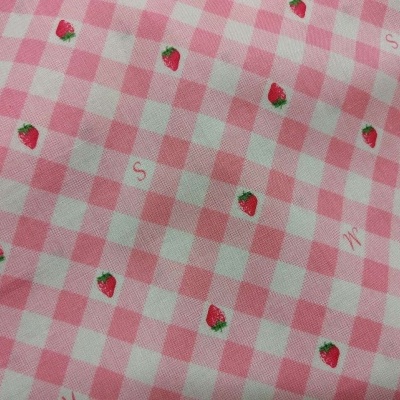 Tecido xadrez rosa e branco com estampas de morangos e letras S M