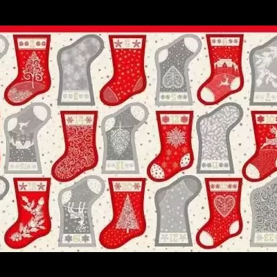 meias de Natal vermelhas e cinza com vários padrões e texto 'Stocking Advent'