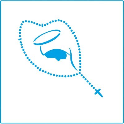 Desenho de terço azul formando boca com lábio e halo em fundo branco