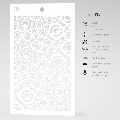 Stencil branco com padrão de círculos e espirais em embalagem sobre fundo branco.