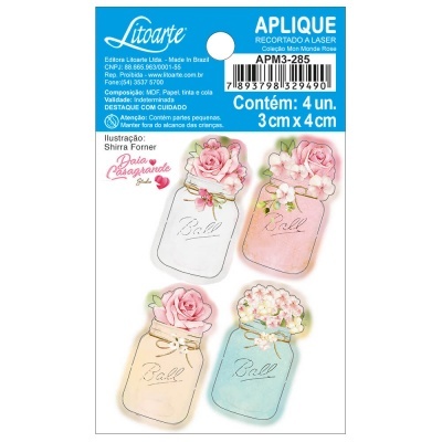 Pacote de apliques recortados a laser Livarte com 4 frascos coloridos com flores e palavra 'Ball'