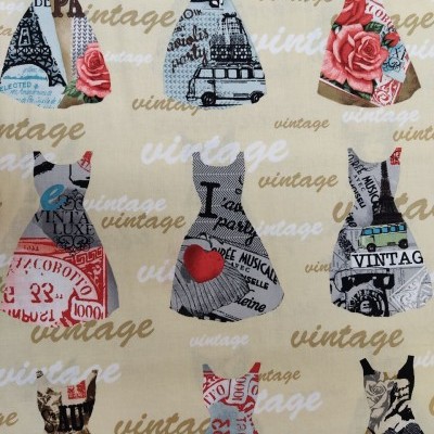 Pano estampado com vestidos vintage em diferentes padrões sobre fundo bege com texto repetido