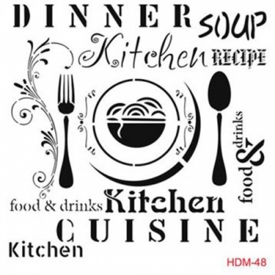 Ilustração preto e branco com talheres, prato de sopa e texto variado relacionado a cozinha