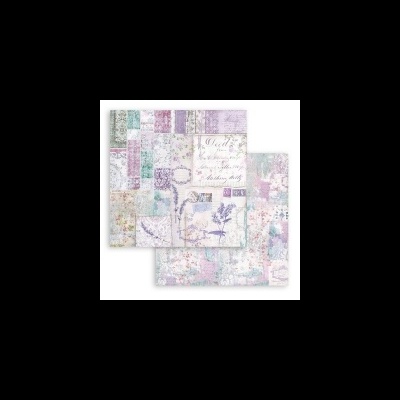 Folhas de papel decorativo com padrões florais e textos manuscritos vintage em tons pastel