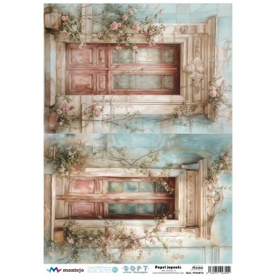 Papel japonês adesivo com ilustração de portas clássicas com flores.