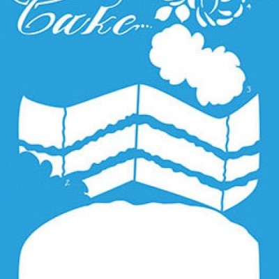 Stencil para decoração de bolos com palavras, flores e formas de fatias de bolo