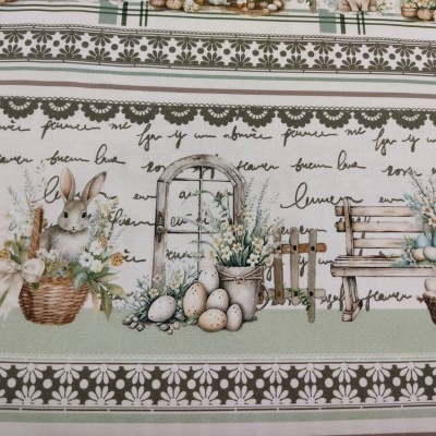 Tecido estampado com coelho, ovos, flores, banco de madeira e padrão floral