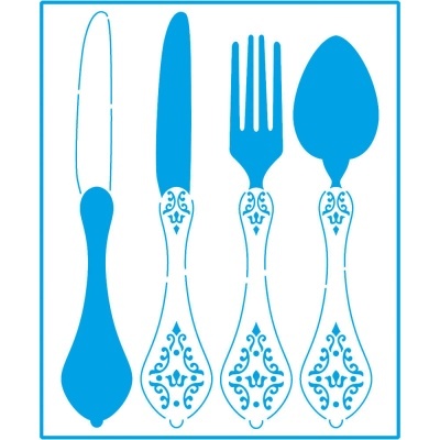 Conjunto de talheres azuis com padrões decorativos em fundo branco