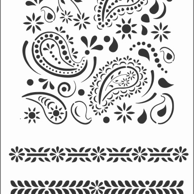 Stencil branco com padrões decorativos em preto de flores e arabescos paisley, faixas lineares, número 264.