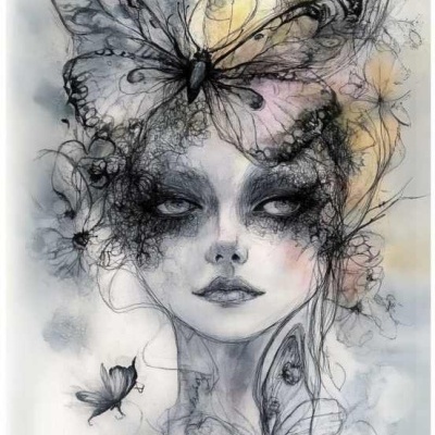 Ilustração de rosto feminino com borboletas em tons cinza e amarelo suave