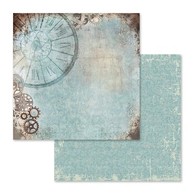 Folhas decorativas com padrões vintage, relógio e engrenagens, textura azul claro