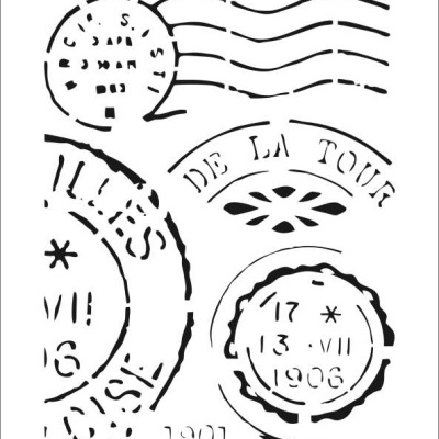 Stencil preto e branco com vários carimbos de correio e datas antigas
