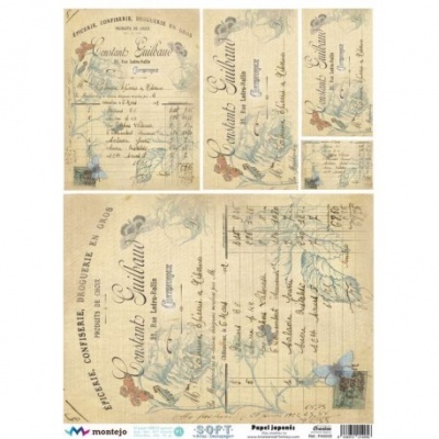 Papéis decorativos vintage com textos manuscritos em francês, flores e pássaros em tons azuis e vermelhos.