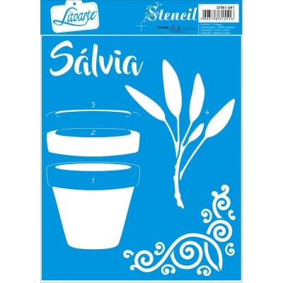 Stencil Litoarte STM1-041 com desenhos de vaso de planta, folhas de sálvia e ornamentos curvos em branco sob fundo azul