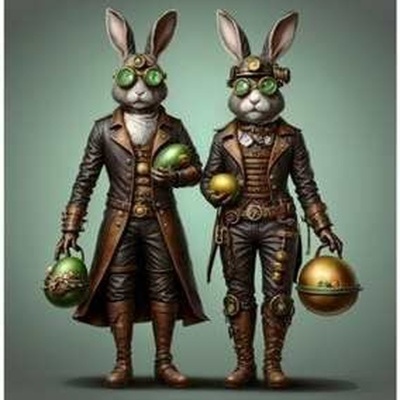 Estátuas de coelhos steampunk com óculos verdes e esferas metálicas