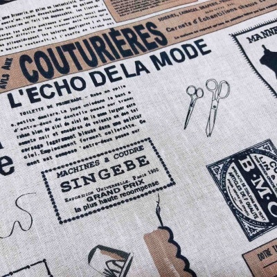 tecido estampado vintage com temas de costura em tons bege e castanho