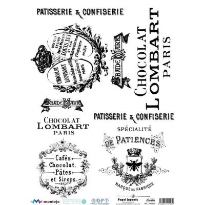 Etiquetas vintage a preto e branco de chocolate e confeitaria com textos e elementos decorativos clássicos.