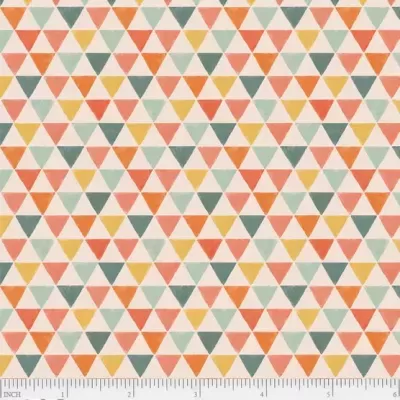 Tecido com padrão de triângulos coloridos em tons quentes e textura de algodão ou linho.