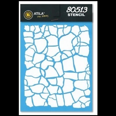 Stencil plástico azul com padrão de pedras irregulares e embalagem preta com texto