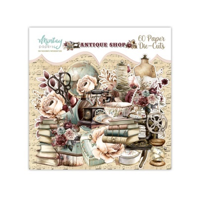 Recortes de papel decorativos 'ANTIQUE SHOP' com temas vintage e cores pastel