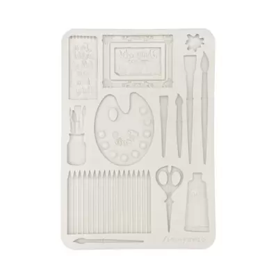 Forma de silicone branca com ícones de materiais de pintura em relevo