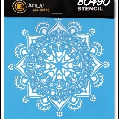 Stencil azul com padrão de mandala e embalagem preta com texto