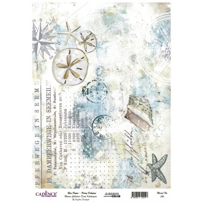 Folha decorativa com padrão náutico em azul, bege e branco com estrelas do mar e bússola