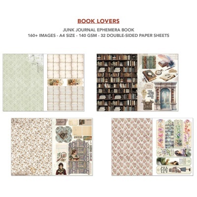 Conjunto de papéis de scrapbook BOOK LOVERS com várias páginas decoradas e padrões vintage