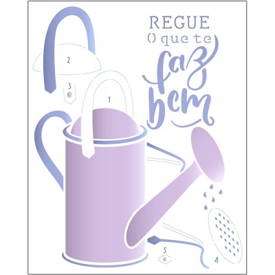 Ilustração de regador lilás com alça branca e texto motivacional