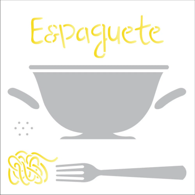 Ilustração de panela, garfo e esparguete com texto amarelo