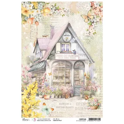 Ilustração de floricultura com flores e fachada estilo chalé