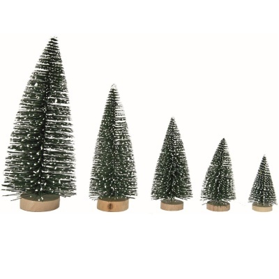 Cinco árvores de Natal decorativas em miniatura verdes com neve artificial e base de madeira