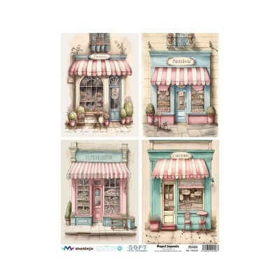 Desenho de quatro fachadas de lojas com toldos rosa e branco e letreiros em francês